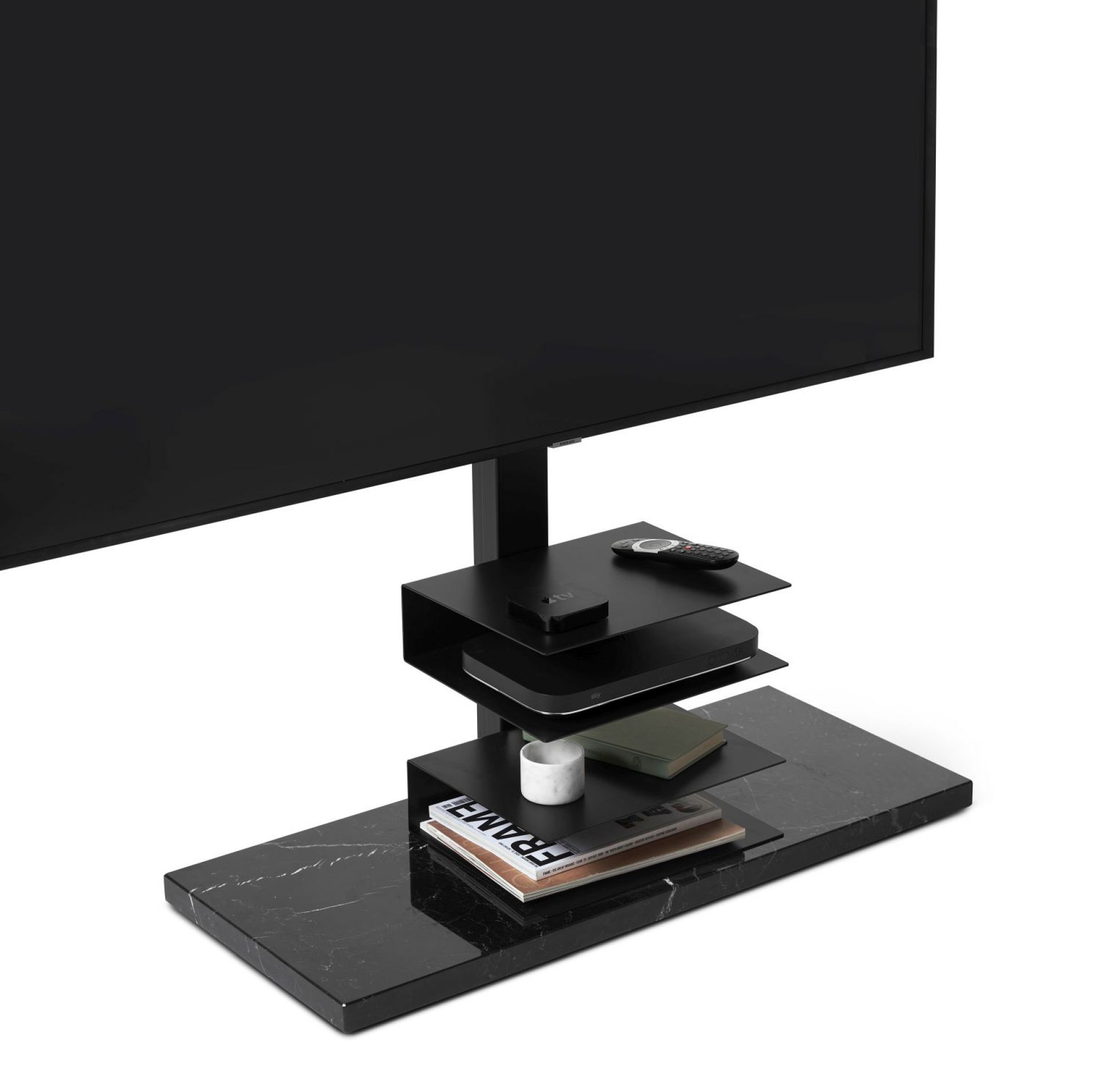 Ptolomeo TV-Ständer mit schwarzem Marquina Marmor, moderner TV-Möbel für stilvolles Wohnen.
