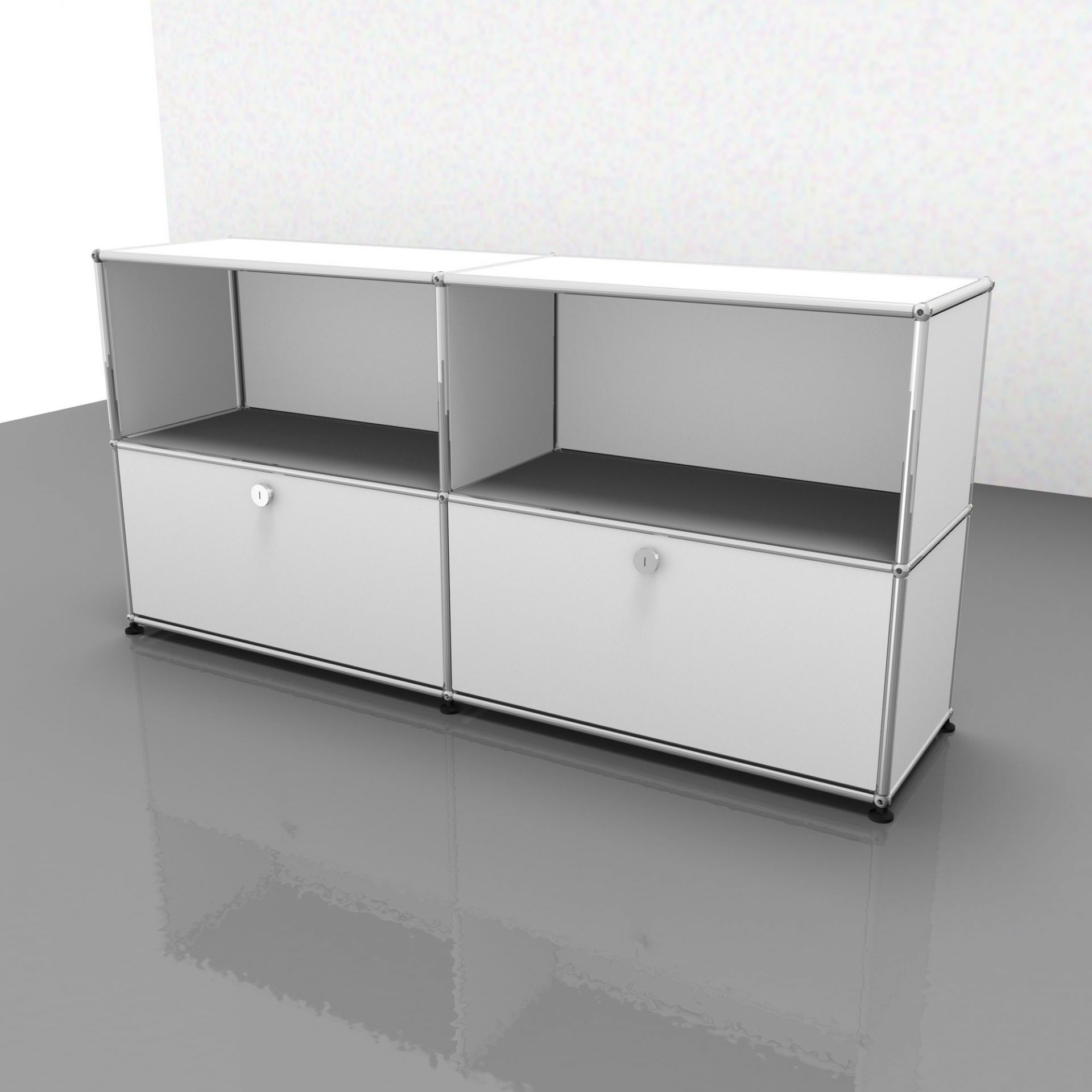 USM Haller Sideboard mit Schubladen in Reinweiß, modernes Designmöbel für Wohnzimmer und Büro.