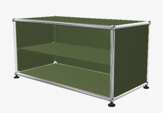 USM Haller Regal mit zwei olivgrünen Fächern und silbernem Rahmen, ideal als Ersatzteil oder zur Erweiterung.