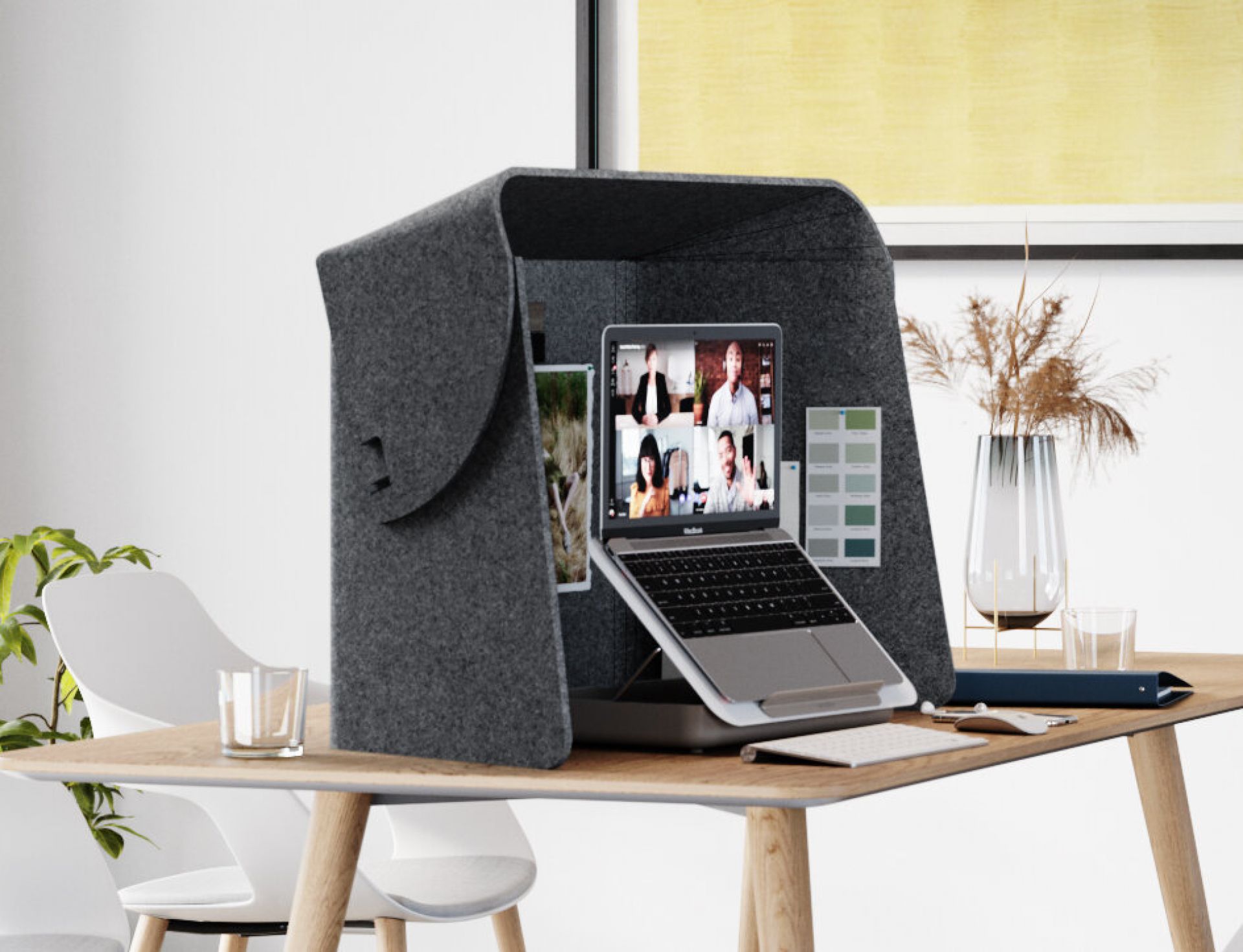 Fold-Up-Workspace Wilkhahn Fold-Up-Workspace von Wilkhahn: Laptop in grauer, akustischer Arbeitsplatz-Kabine für ungestörtes Arbeiten im Homeoffice.
