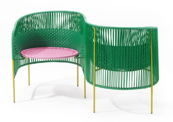 Caribe Vis a Vis Bench Bank Outdoor ames Smaragdgrün / Kaugummirosa / Currygelb