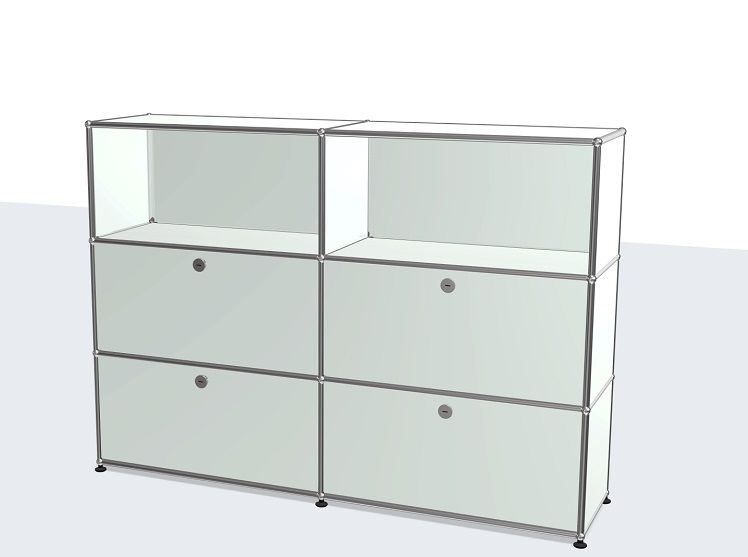 USM Haller Sideboard in Lichtgrau mit vier Klappen, modulare Aufbewahrungslösung für modernes Wohnen und Büro.
