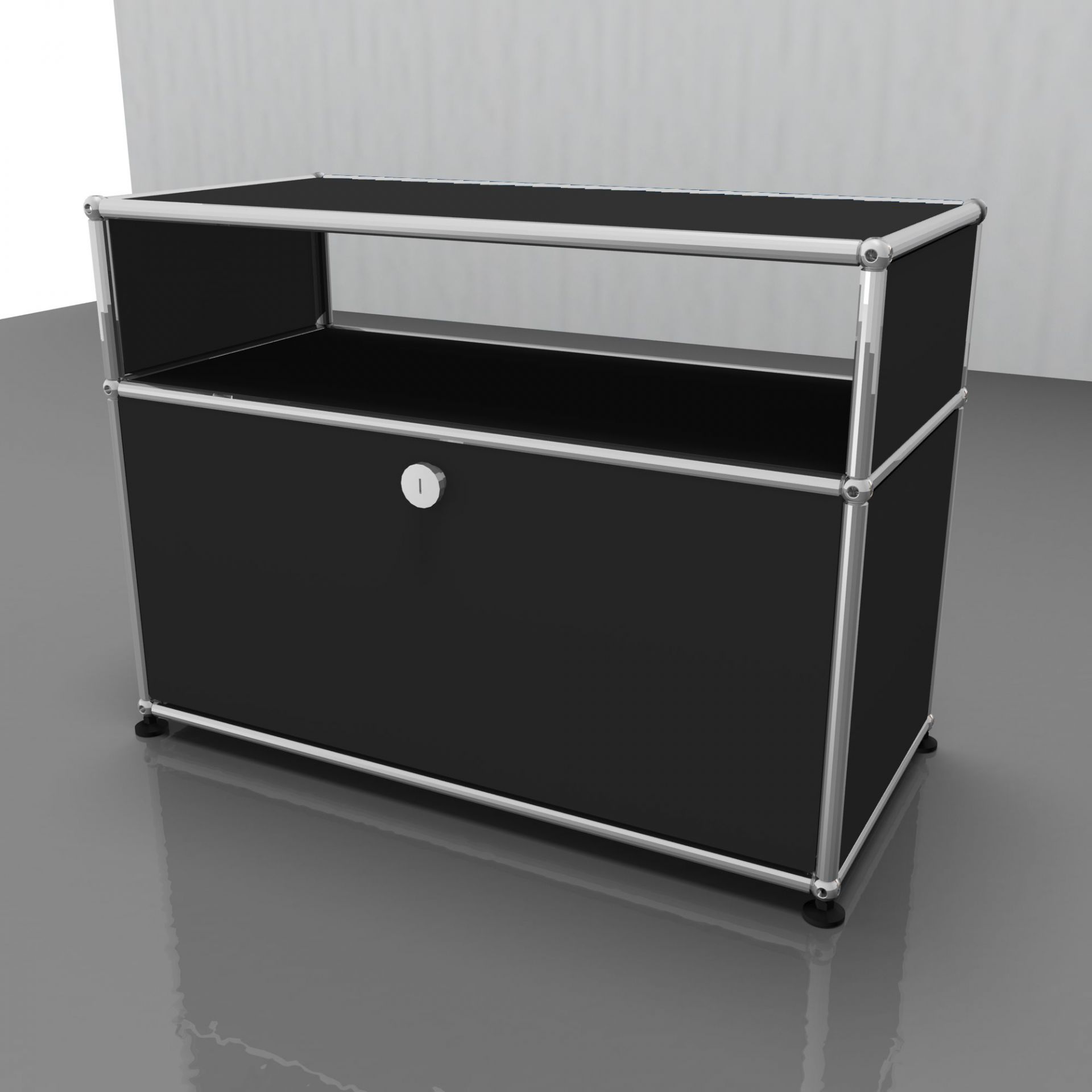 USM Haller Möbel: Anthrazitgrauer Beistelltisch mit Schublade und verchromtem Gestell für modernes Wohnen.