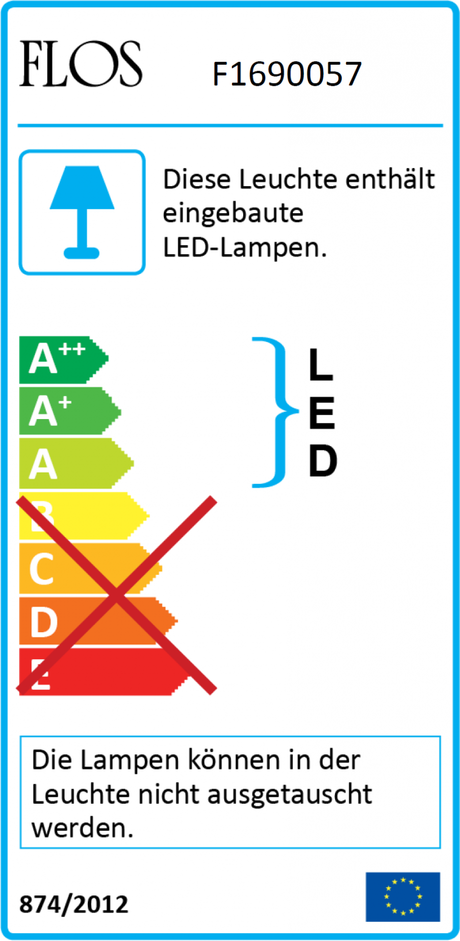 Energieetikett der Flos OK Leuchte mit LED-Lampen, Energieeffizienzklasse A bis A++, nicht austauschbare Lampen.