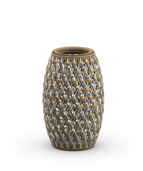 Dala Laterne von Dedon, handgeflochtene Outdoor-Laterne aus wetterfesten Fasern in Grau und Beige.