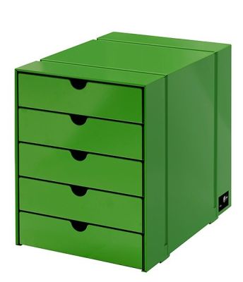 Grünes USM Haller Inos Kastenset C4 mit fünf geschlossenen Schalen für Büro und Zuhause.