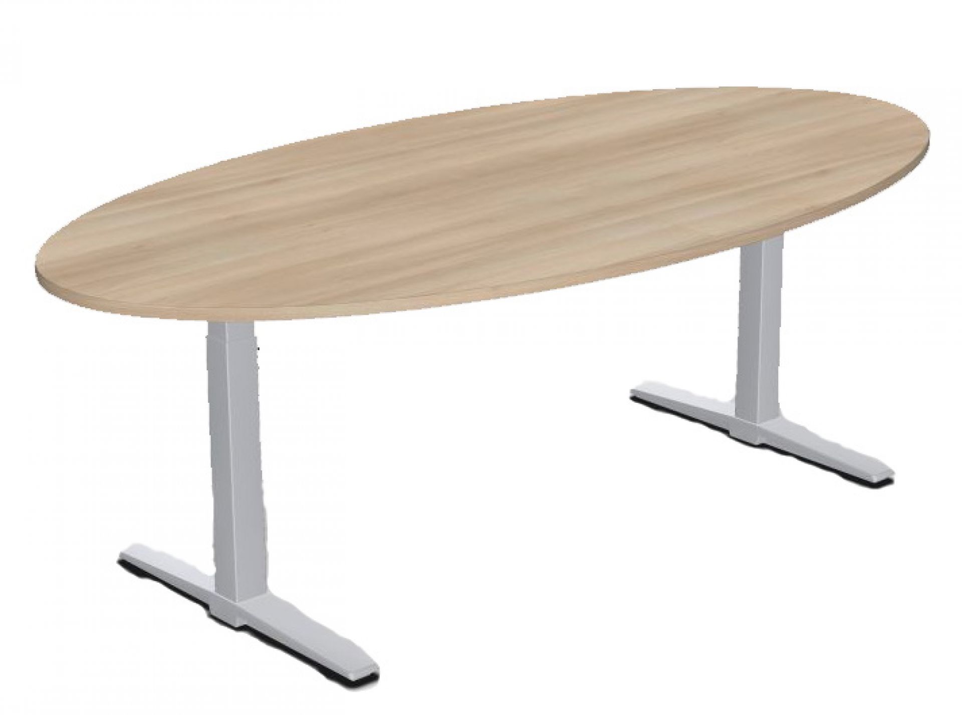 Talo.S Konferenztisch in Ellipsenform von König+Neurath mit heller Holzplatte und silberfarbenem T-Fuß Gestell.