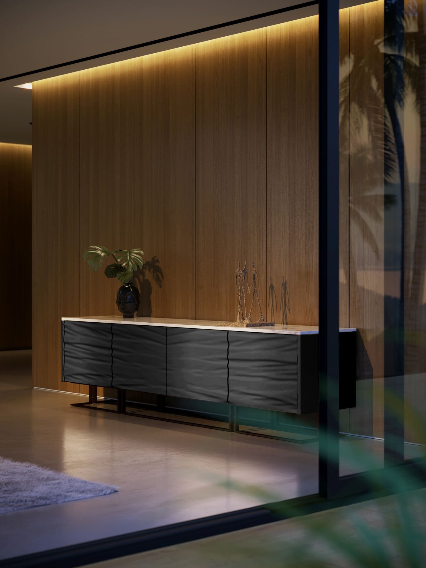 Casse Sideboard Nero Marquina  Marmor, schwarzes Leder und mattes Roségold Mansi London