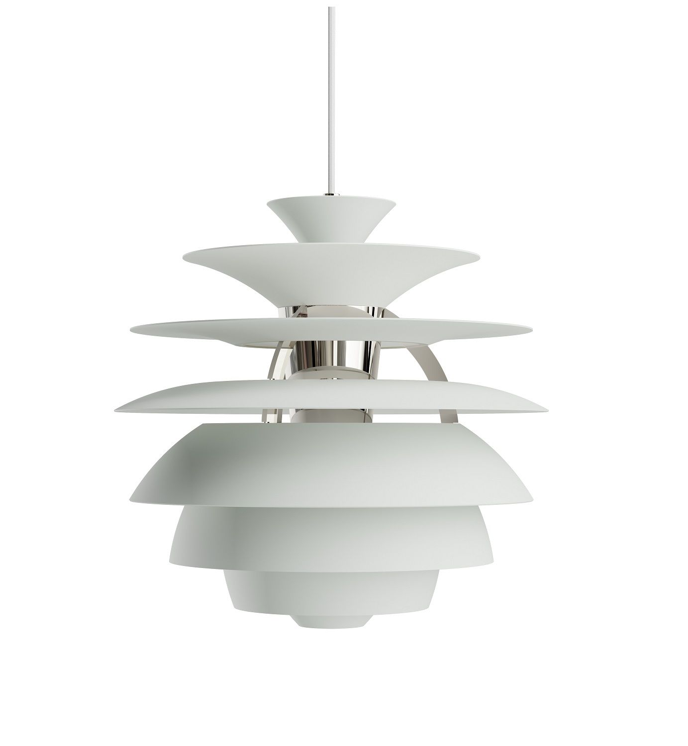 Weiße PH Snowball Pendelleuchte von Louis Poulsen, modernes Design für Wohnzimmer und Esszimmer.