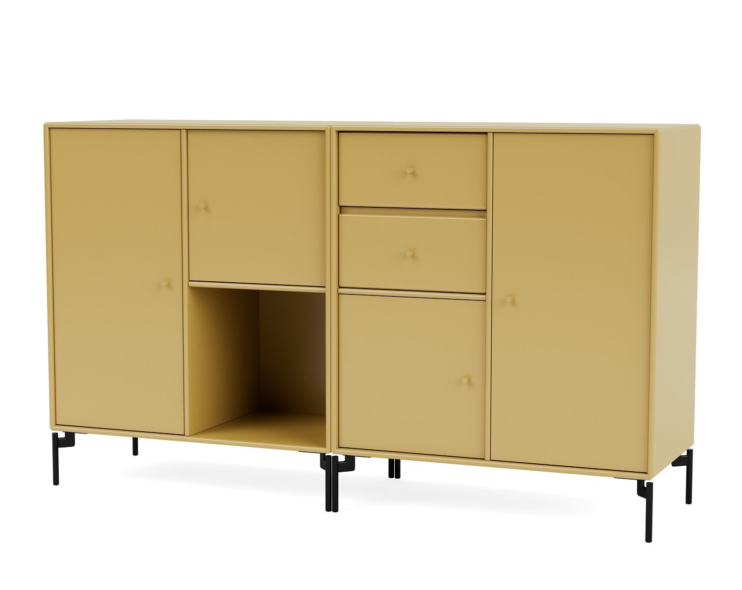 Gelbes Couple Sideboard mit schwarzem C-Gestell. Moderner Schrank mit Türen, Schubladen und offenem Fach.