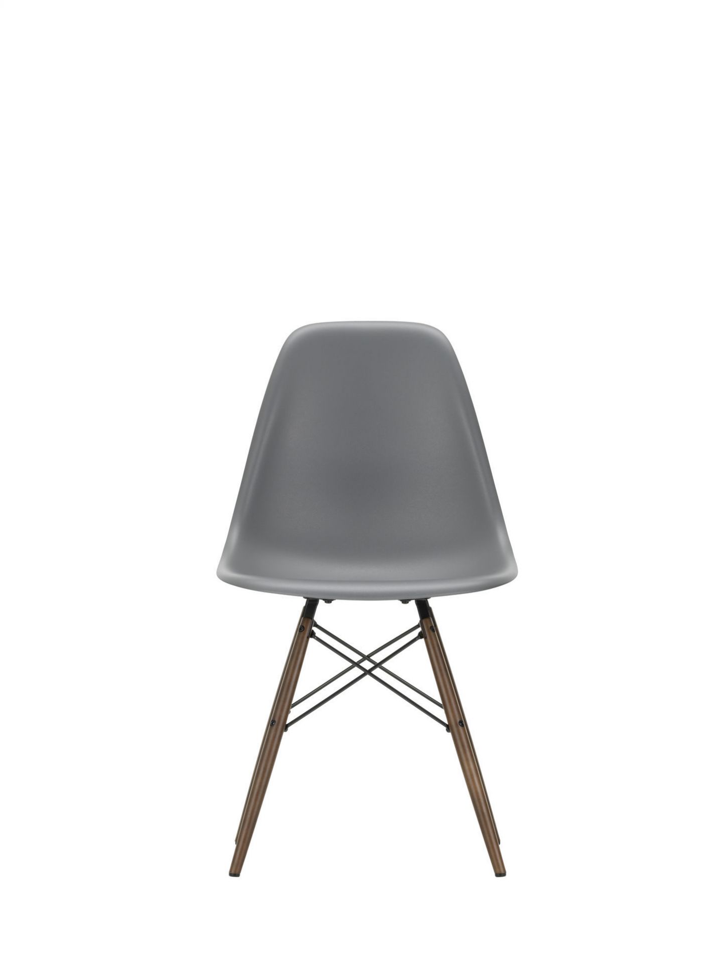 Grauer Eames DSW Stuhl mit Ahorn-Gestell von Vitra, Ansicht von hinten. Designklassiker für Esszimmer.