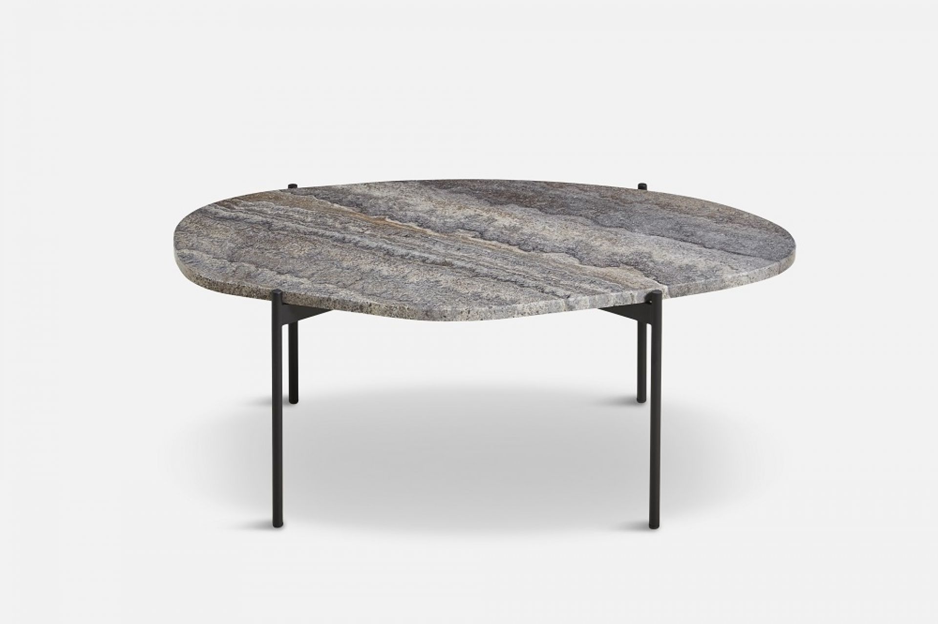 La Terra Couchtisch von Woud, groß, grau meliert, mit schwarzem Metallgestell.