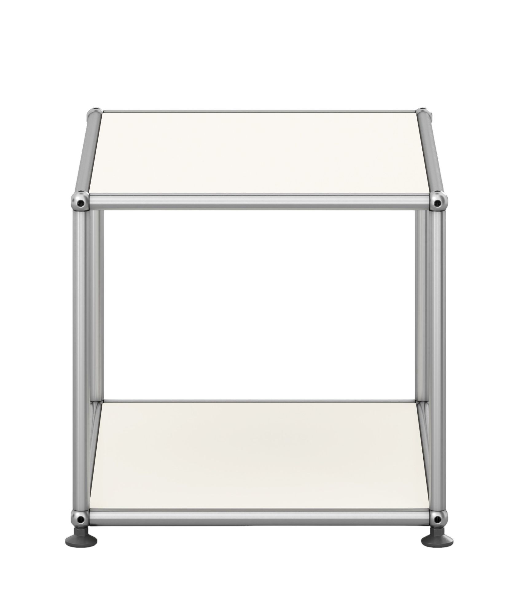USM Haller Beistelltisch in Reinweiß, offenes Design mit zwei Ablageflächen, modernes Möbelstück für Wohnraum.