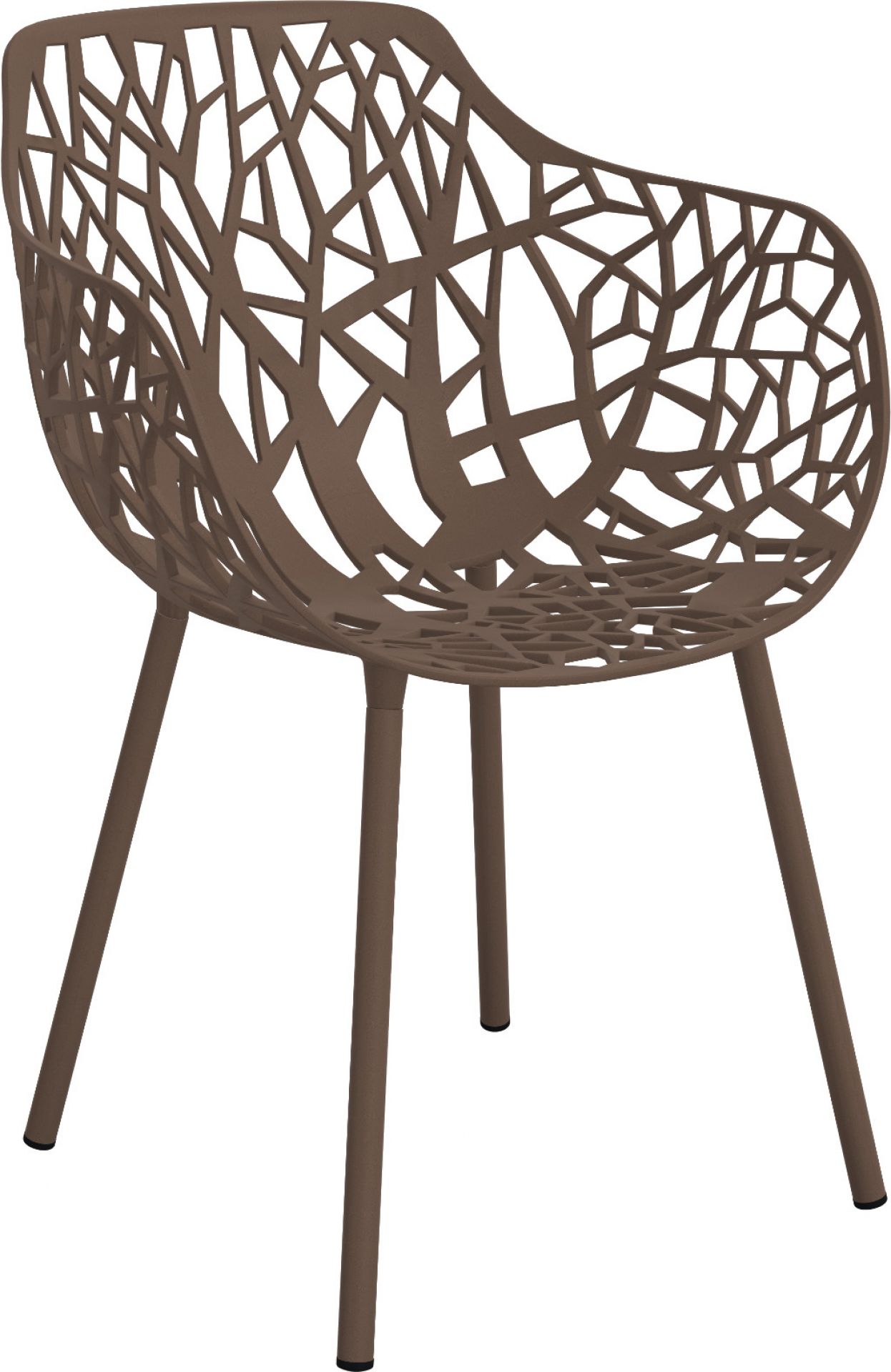 Forest Outdoor Sessel in Maracuja-Farbe: Moderner Gartenstuhl mit filigranem, baumartigen Design und vier Beinen.