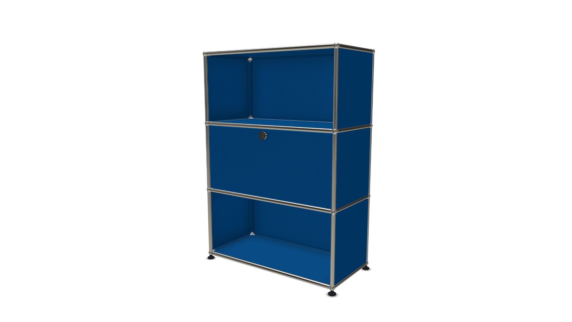 USM Haller Highboard in Enzianblau mit einer Klappe, modernes modulares Möbeldesign für Wohn- und Bürobereiche.
