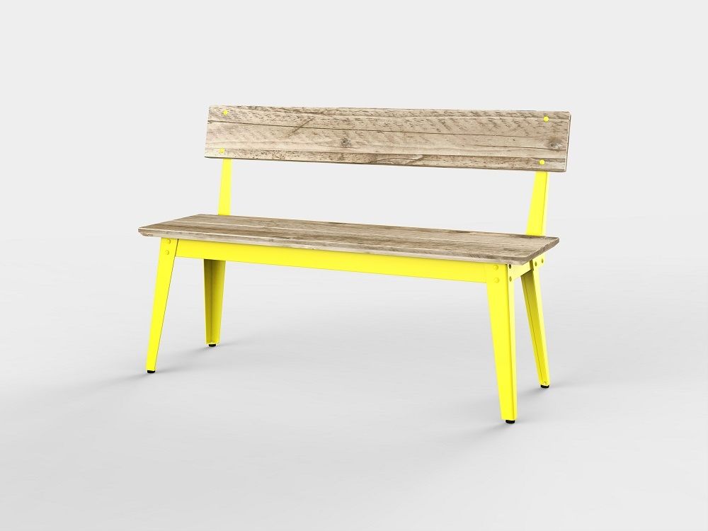 6Grad Outdoorbank mit Rückenlehne, 125 cm, gelbes Gestell und Sitzfläche aus Bauholz.