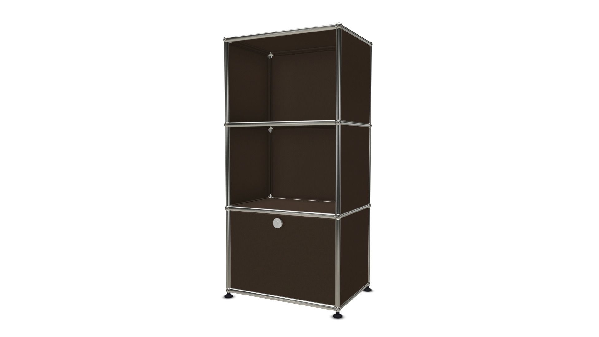 USM Haller Regal in Braun mit Ausziehtür, modernes modulares Möbeldesign für Wohnzimmer und Büro.