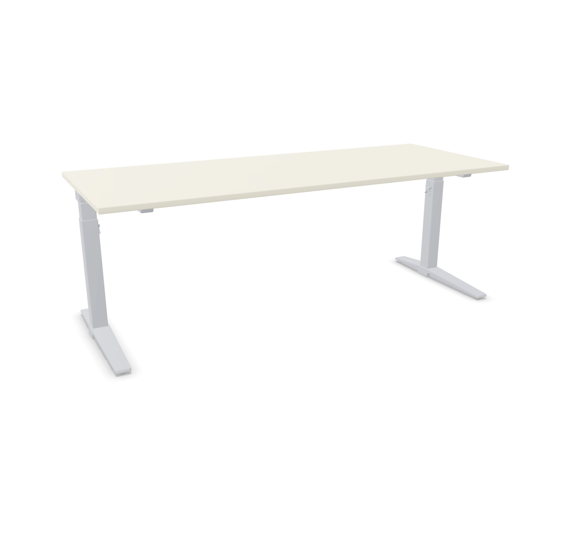 TALO.S Schreibtisch von König+Neurath, höhenverstellbar mit hellem Tischblatt und silberfarbenem Gestell, freigestellt auf weißem Hintergrund.