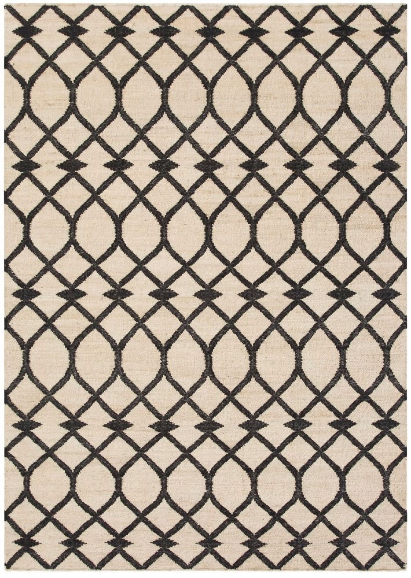 Kilim Teppich mit schwarzem Rautenmuster auf beigem Grund, modernes Design für Wohnzimmer.