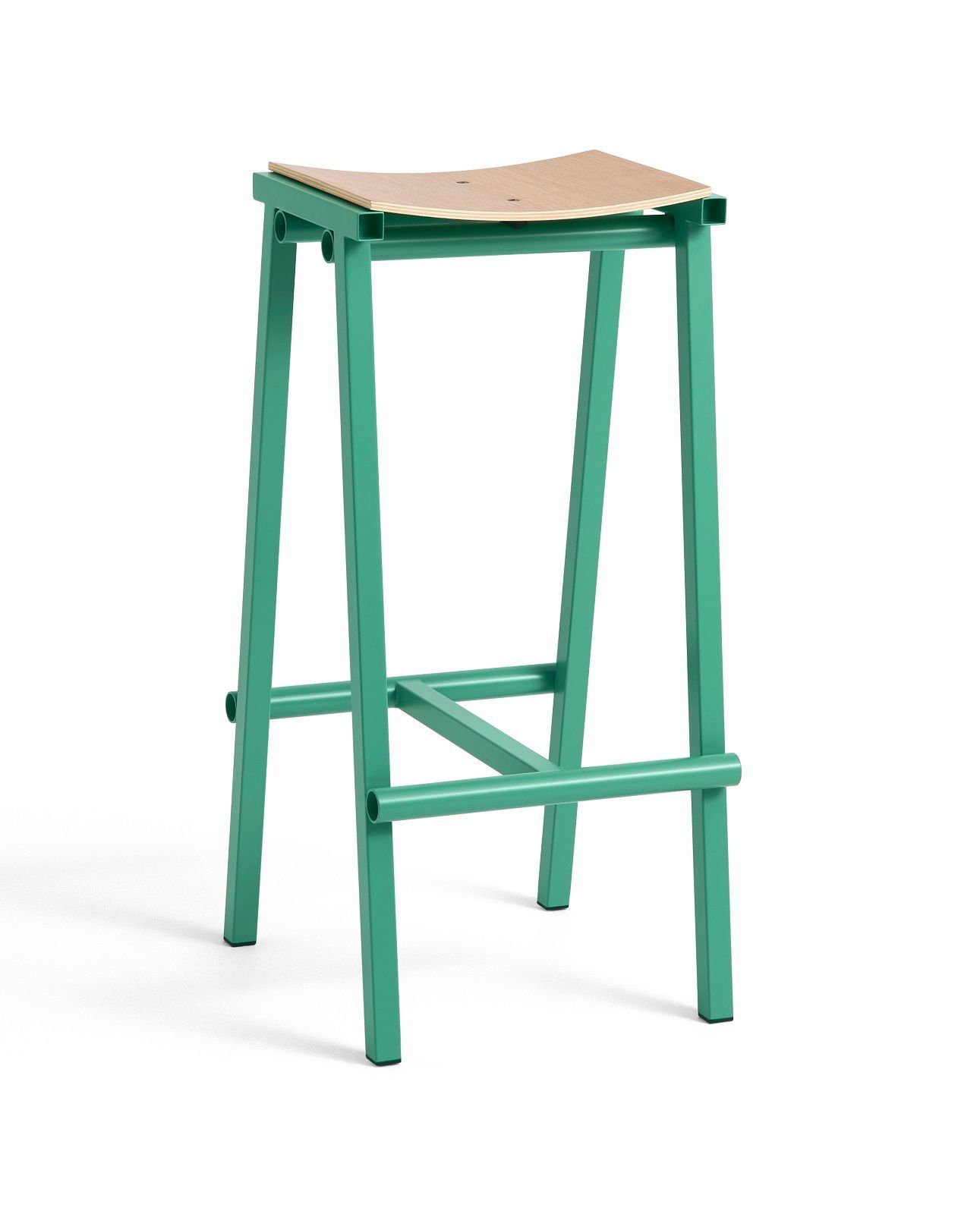 Grüner Barhocker "Taburete 8" von Hay mit hellem Holz-Sitz, modernes Design für Küche und Bar.