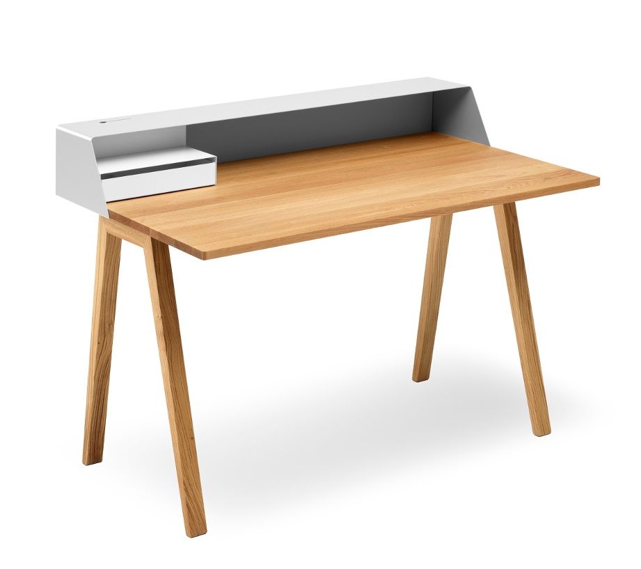 PS05 Sekretär: Moderner Schreibtisch von Müller Möbelfabrikation, Eiche mit seidengrauem Aufsatz und Schublade.