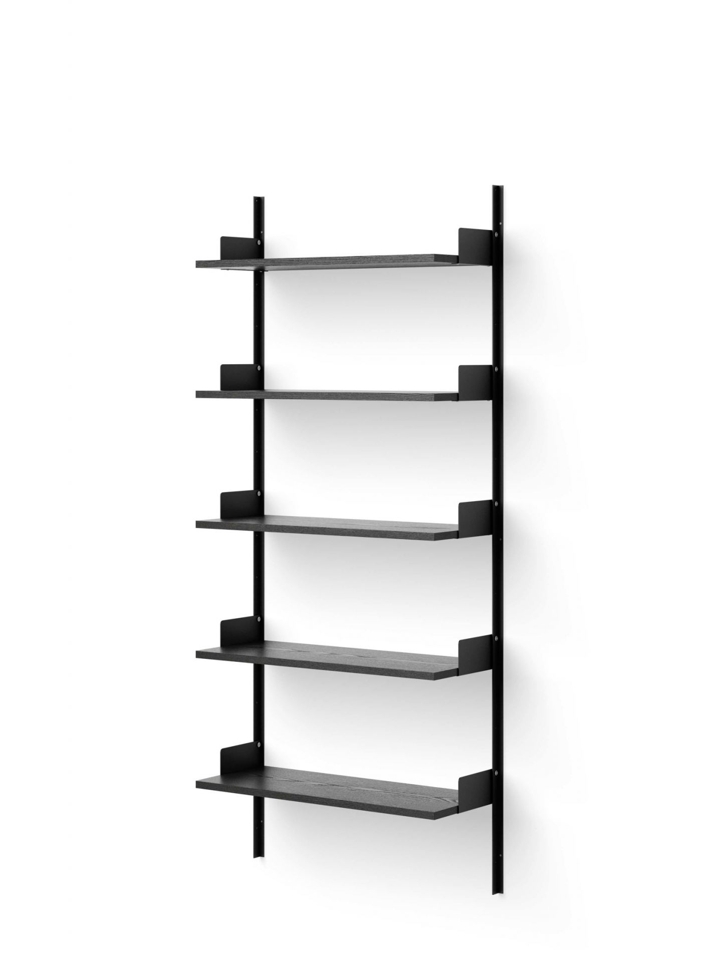 New Works Wandregal 1900 Esche Schwarz, modernes Regalsystem mit fünf Ebenen und minimalistischem Design.