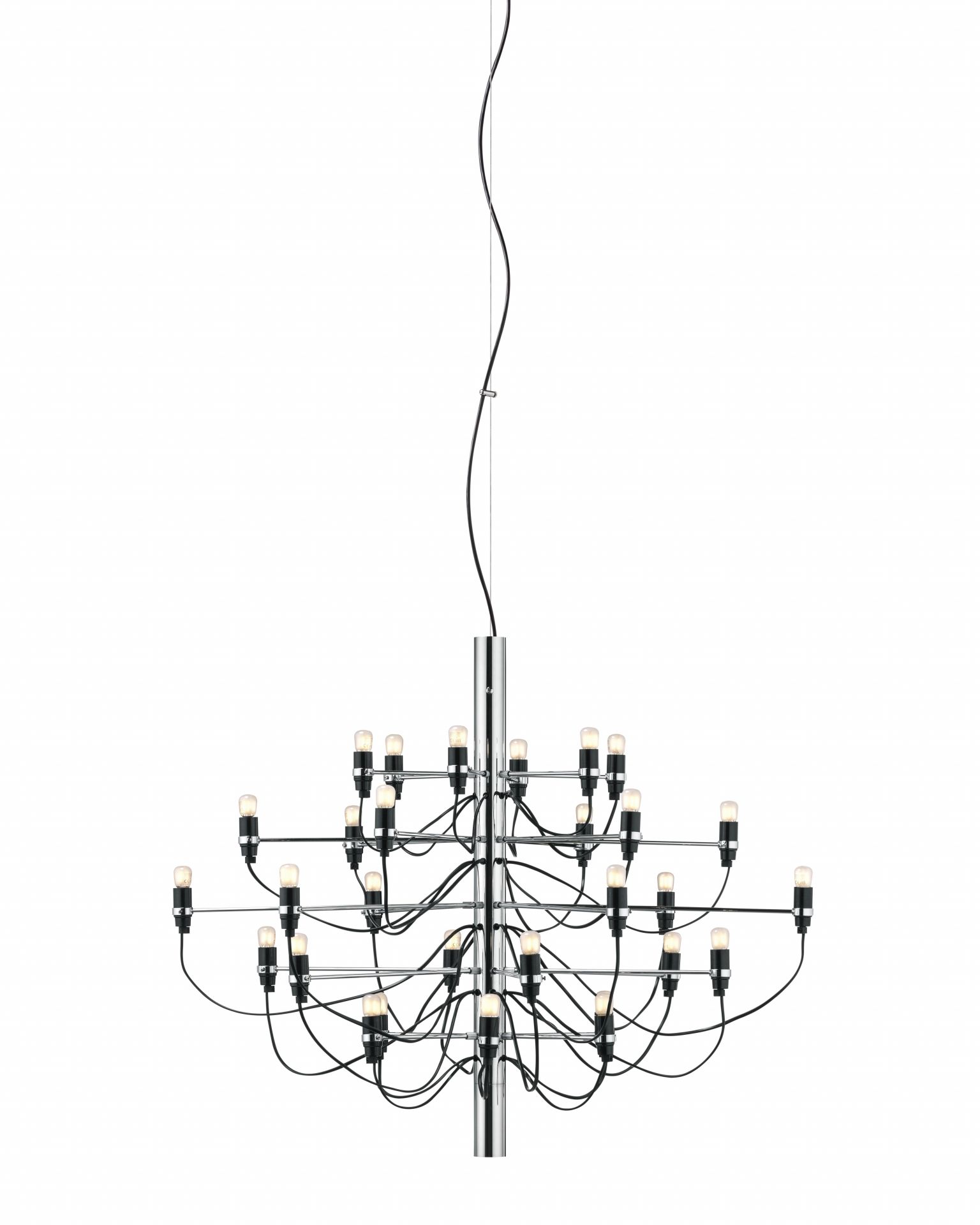 Chromfarbener 2097/30 LED Kronleuchter von Flos mit 30 mattierten Glühbirnen und filigranen Kabeln.