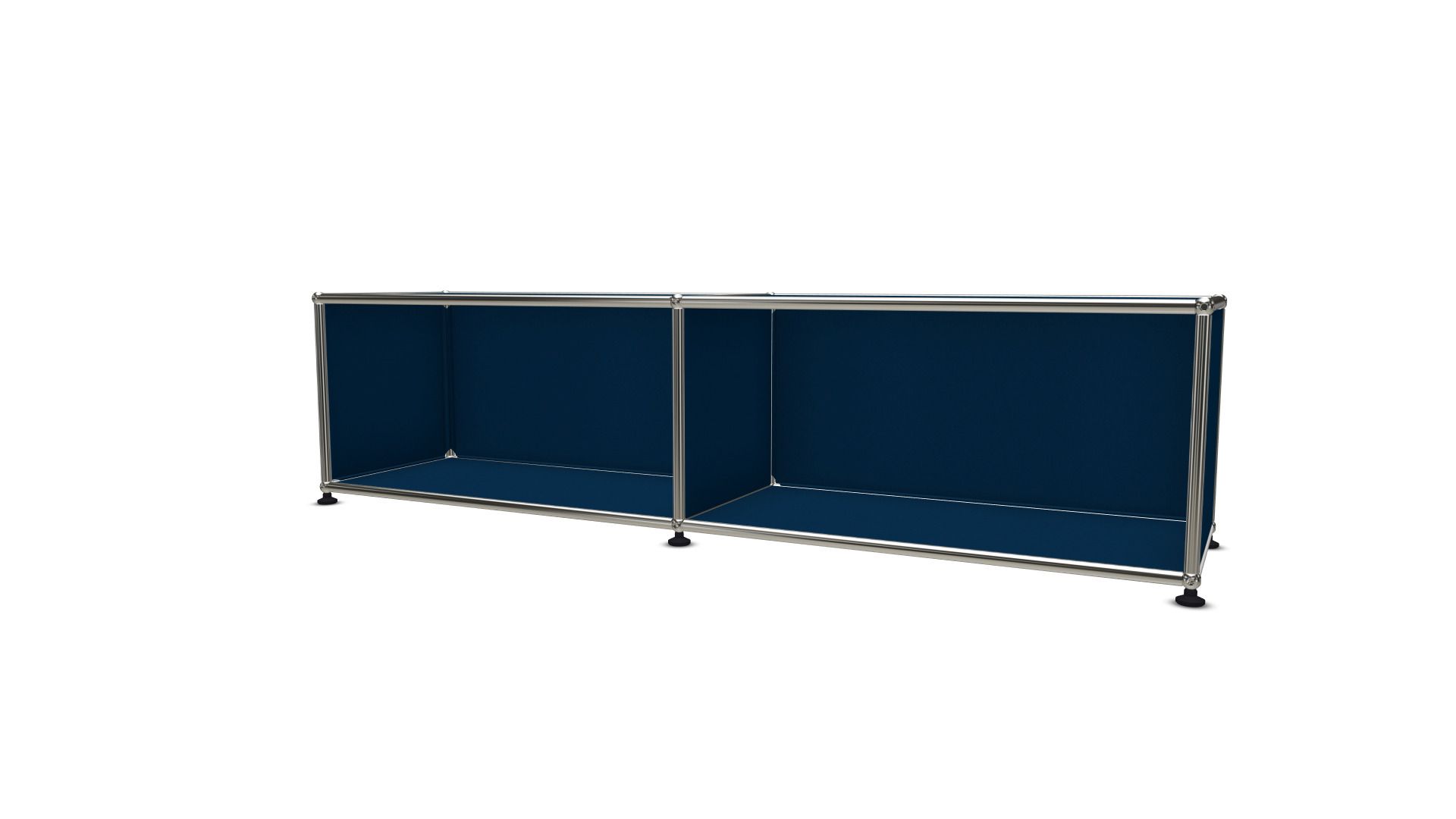 USM Haller Lowboard in Stahlblau mit offenen Fächern, modernes Designmöbel für Wohnzimmer und Büro.