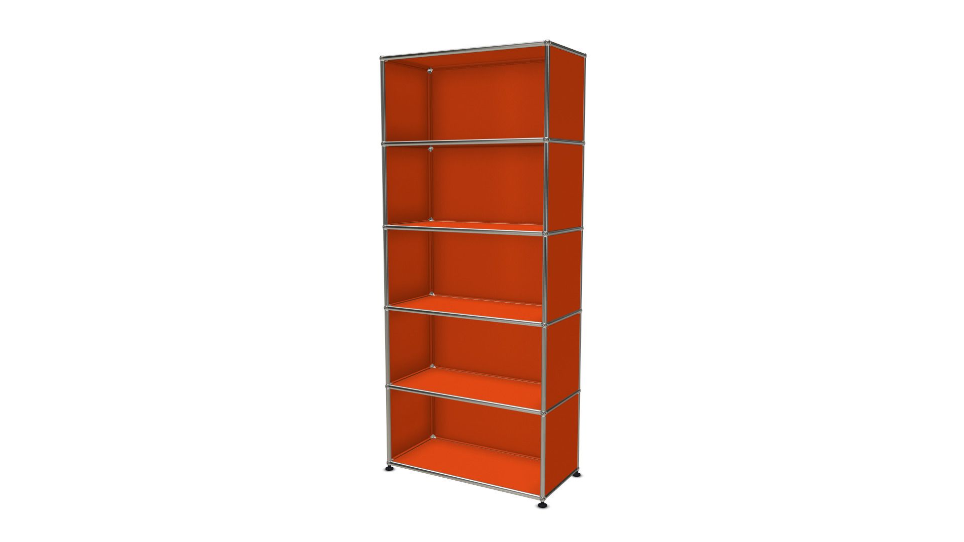 USM Haller Regal in Orange, modulares Designmöbel mit fünf Fächern und verchromtem Gestell.