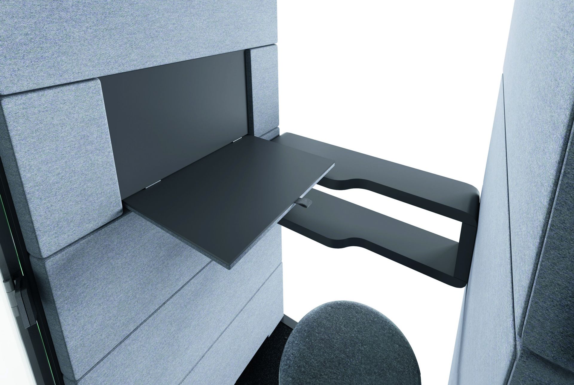 Graue Akustikkabine mit ausklappbarem Schreibtisch und Ablagefläche für Büro, Konzentration und Telefonate.