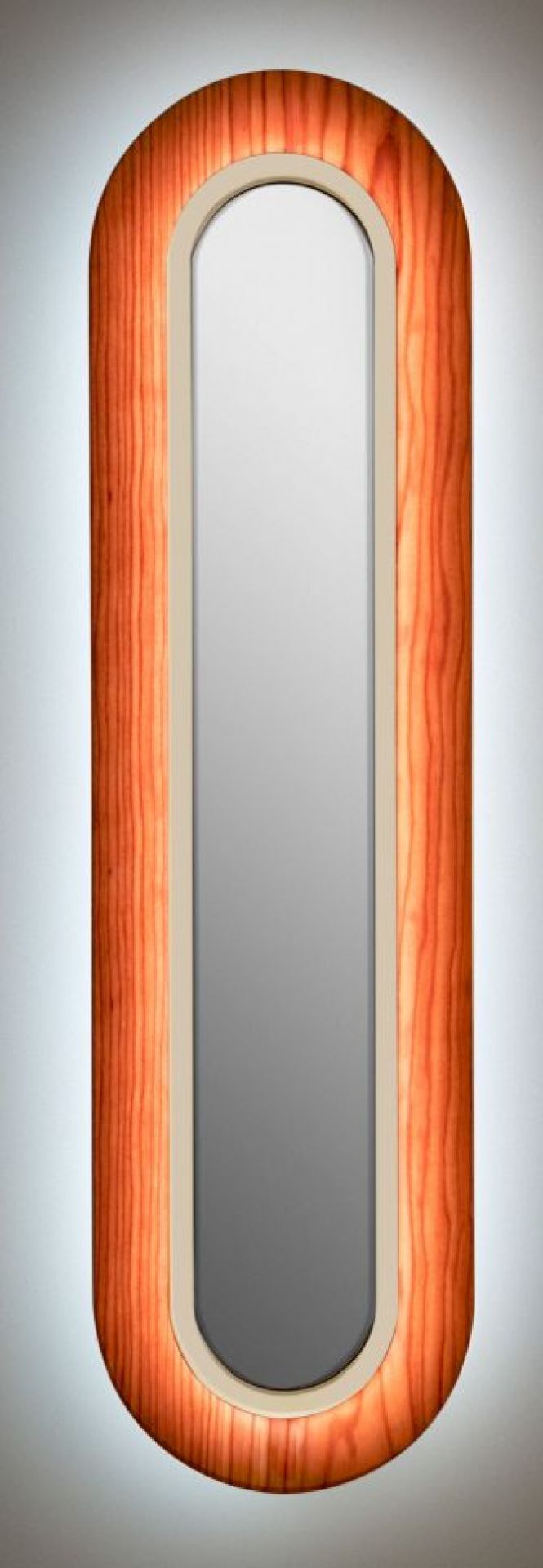 Lens LED Wandleuchte von LZF Lamps: Ovaler Metallring in Elfenbeinweiß und Kirschholz.
