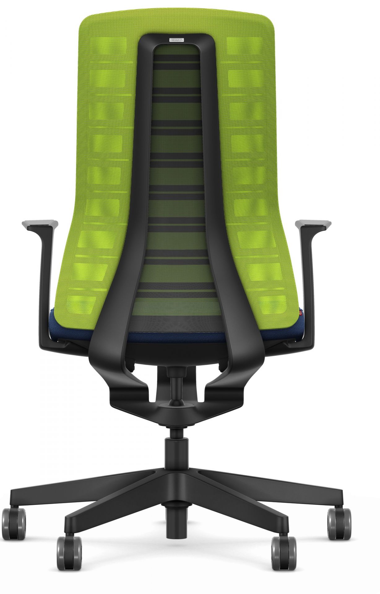 Rückansicht des Interstuhl Bürostuhls mit grünem Netzrücken und blauer Sitzfläche, ergonomischer Drehstuhl.