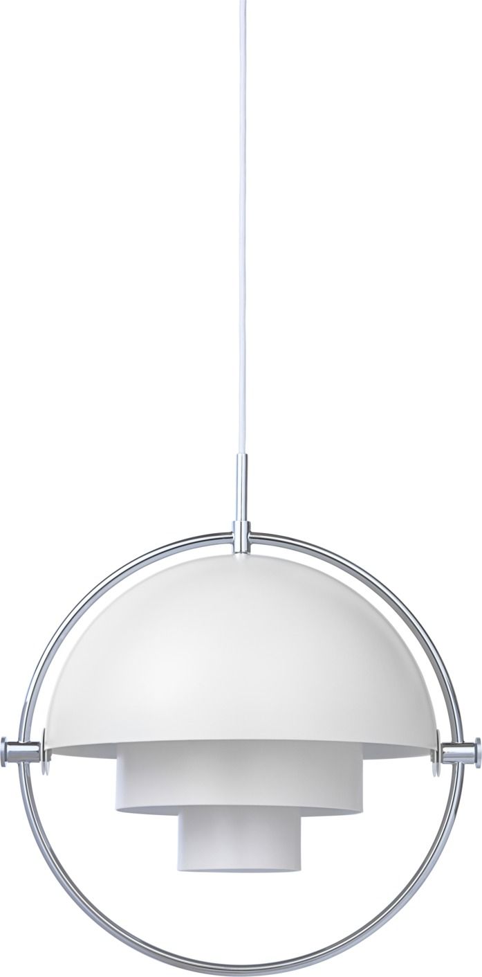 Gubi Multi-Lite Pendelleuchte in Weiß mit Chromrahmen, moderne Hängelampe für Wohnraumbeleuchtung.