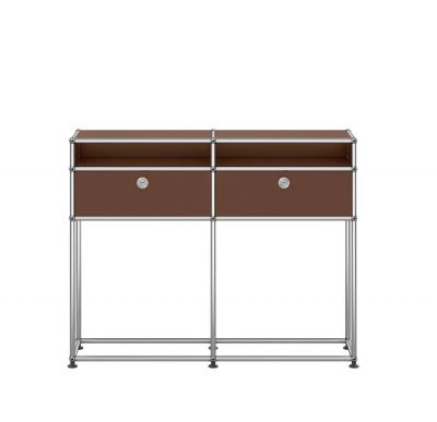 USM Haller Sideboard in Braun mit zwei Schubladen und verchromtem Gestell, modernes Möbeldesign.