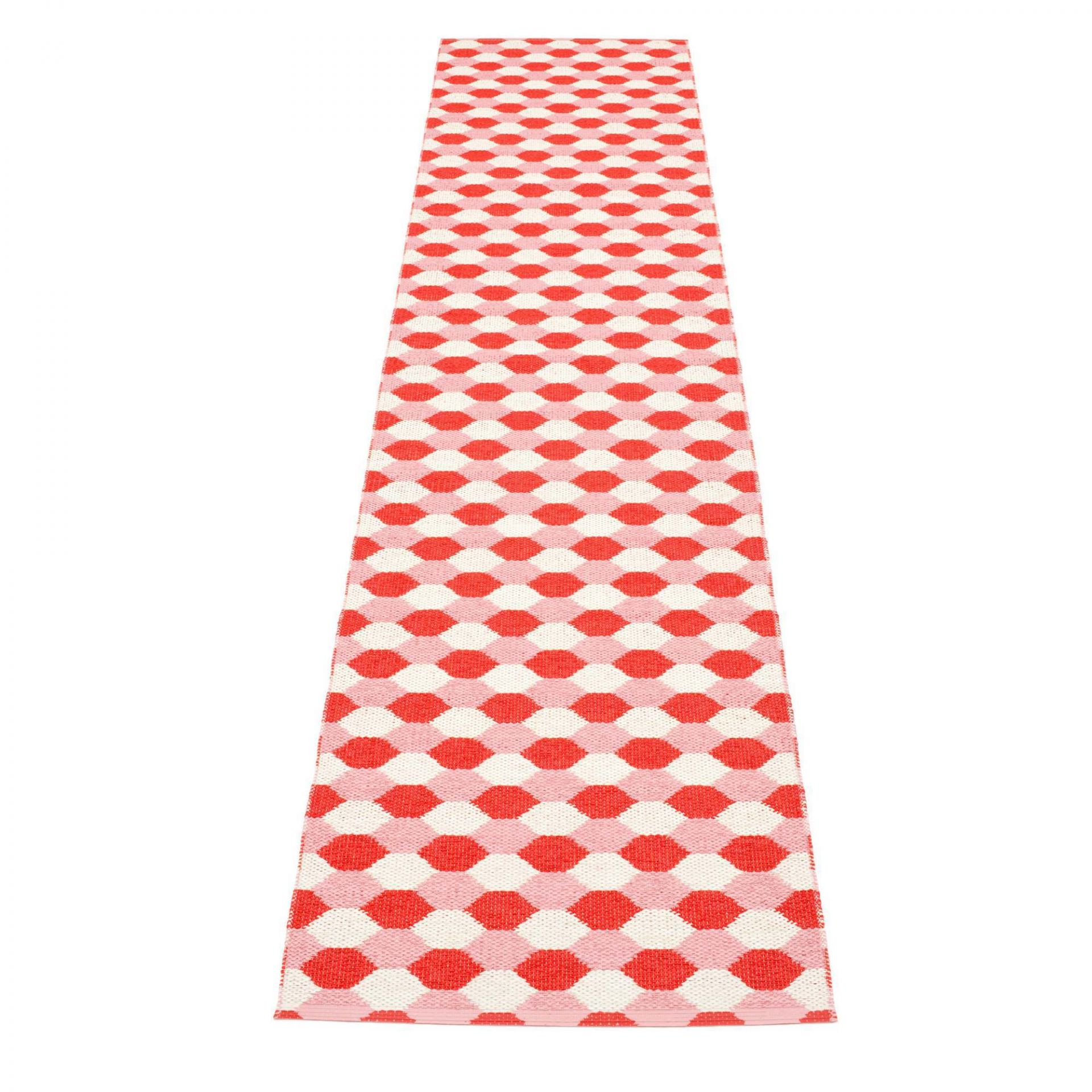 Dana Kunststoffteppich in Koralle Rot mit geometrischem Muster, ideal als Küchenläufer oder Outdoor-Teppich.