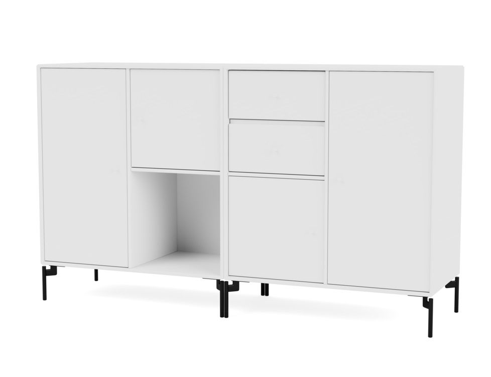 Weißes Couple Sideboard mit schwarzem C-Gestell. Modernes Sideboard mit Türen, Schubladen und offenem Fach.