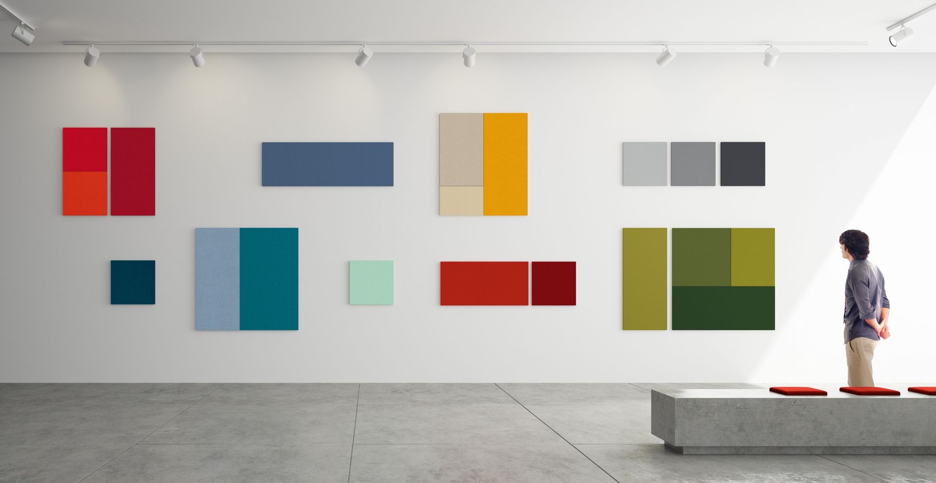 Wandgestaltung mit Palmberg Terio Plus Akustikpaneelen in verschiedenen Farben und Formen im modernen Büro, Schallschutz.