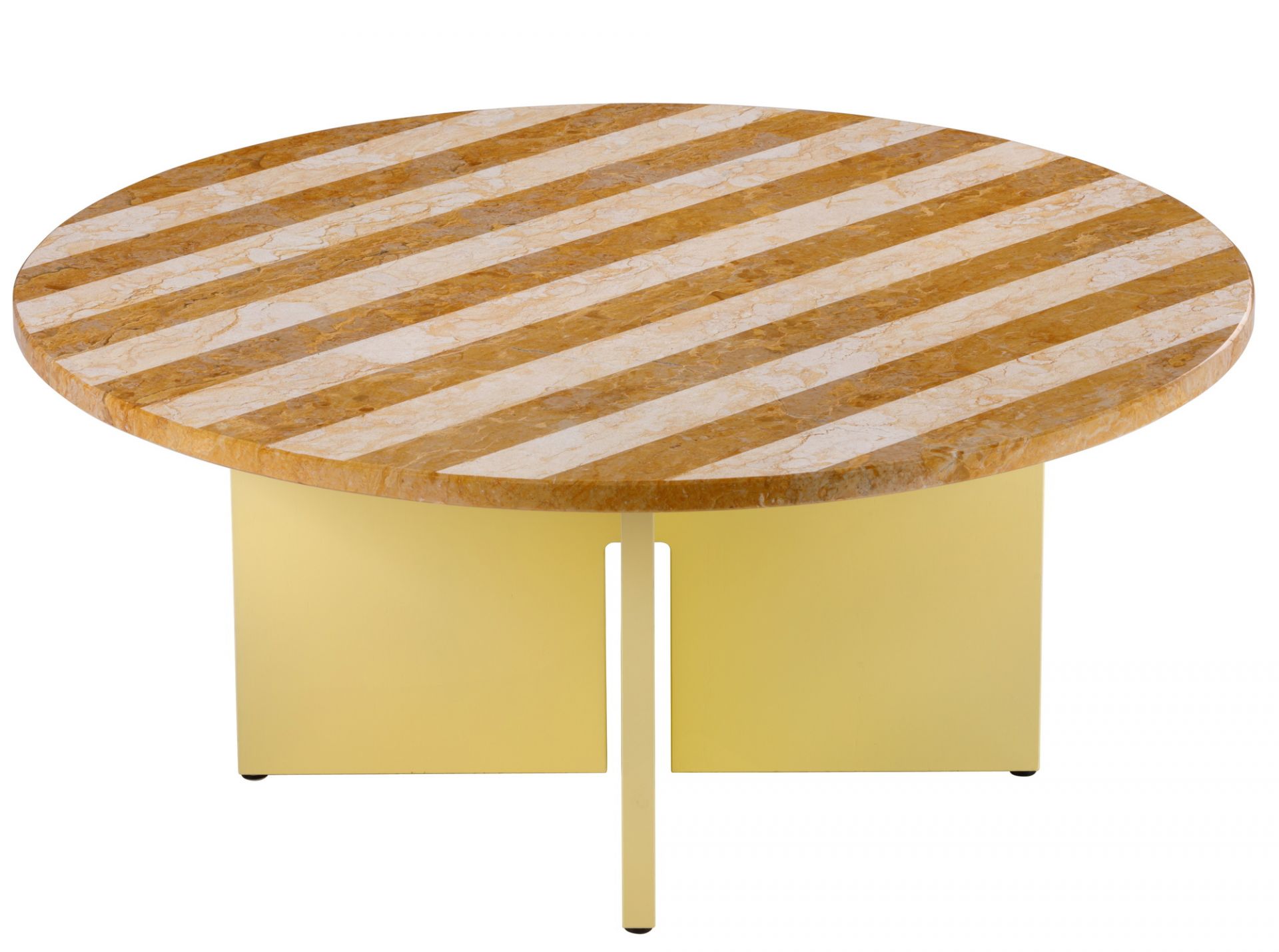 Sediment Coffee Table mit runder Marmorplatte in Giallo Reale und gelbem Untergestell. Moderner Couchtisch.
