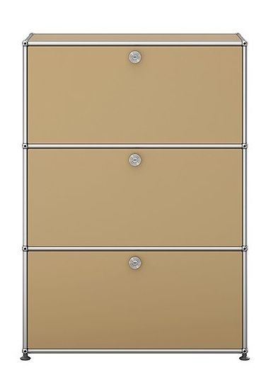 USM Haller Highboard in Beige mit drei Klappen, modernes Designmöbel für stilvolle Wohnräume.