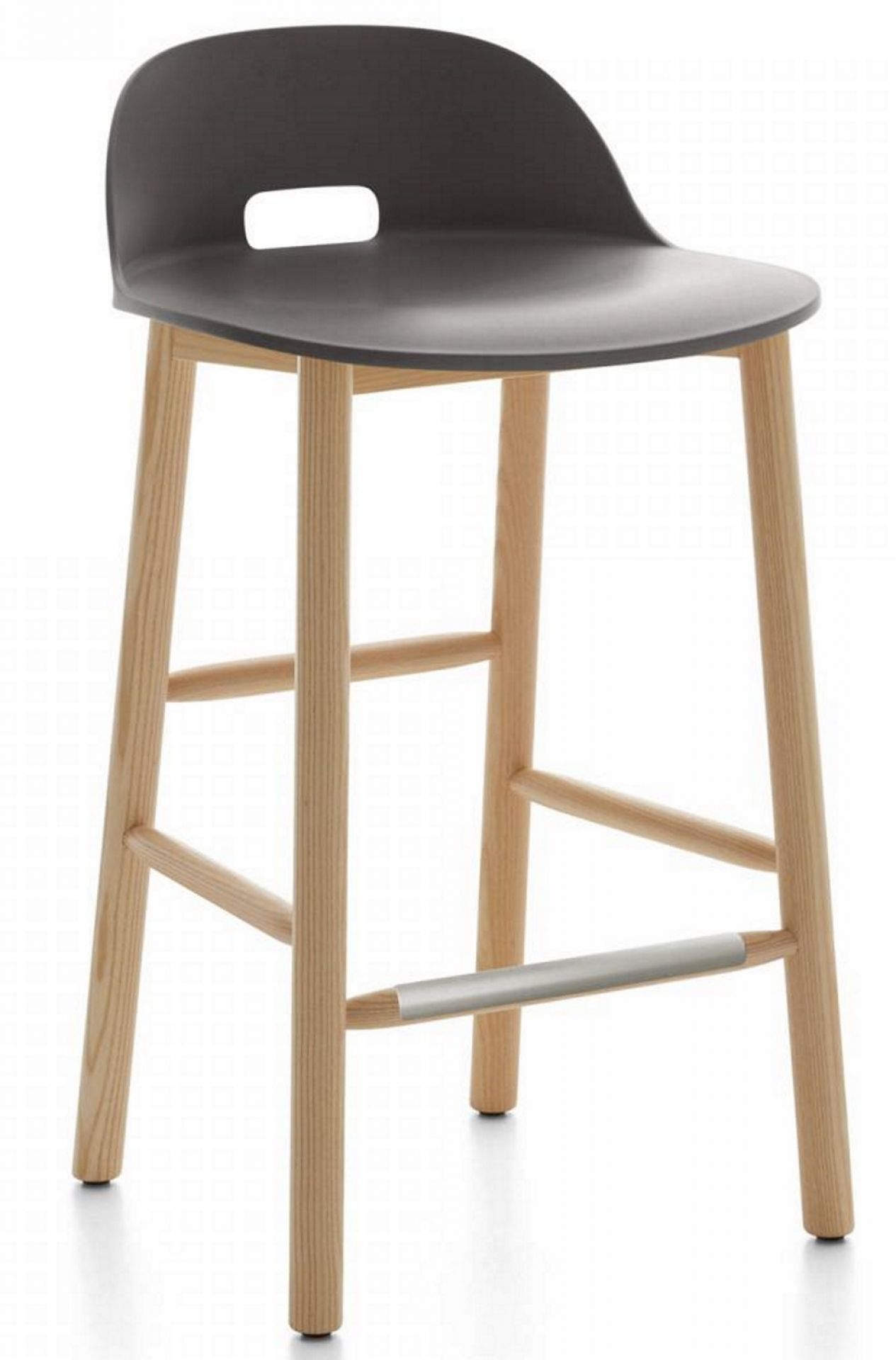 Alfi Barhocker mit niedriger Rückenlehne in Dunkelgrau und hellem Holzgestell. Moderner Barstuhl für Küche und Bar.