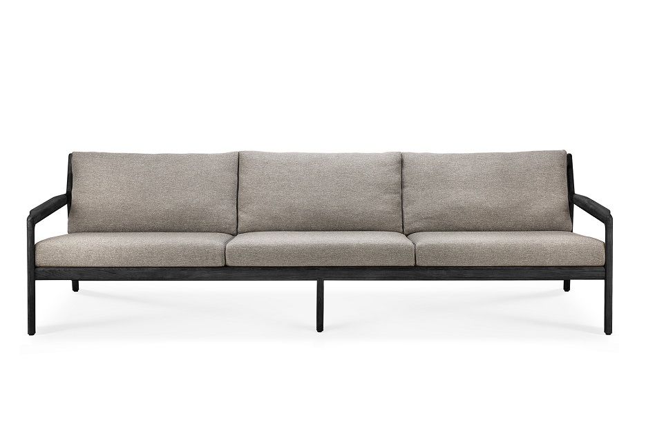 Jack Outdoor Sofa, 3-Sitzer, Teakholz mit schwarzem Rahmen und mokkafarbenen Polstern. Gartenmöbel für Terrasse.