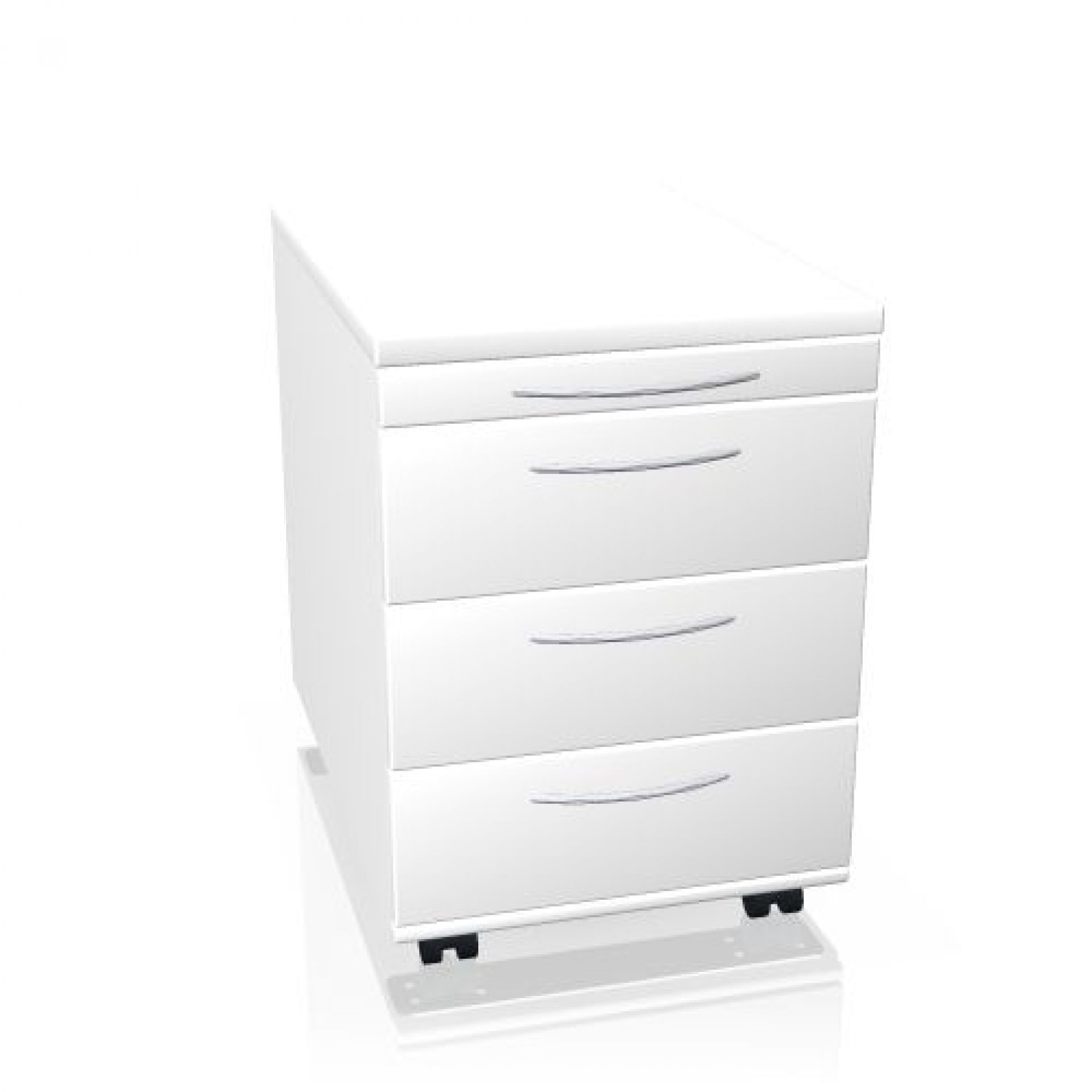 Weißer Rollcontainer von König+Neurath mit drei Schubladen und silbernen Griffen für Büro und Arbeitszimmer.