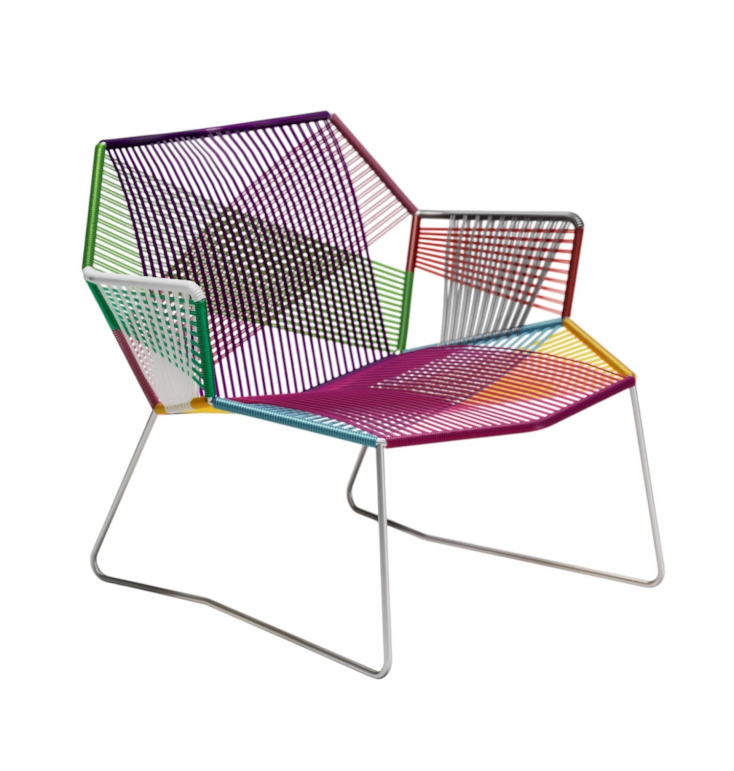 Tropicalia Lounge Chair von Moroso, Outdoor Sessel mit farbenfroher Schnurwicklung und silbernem Metallgestell.