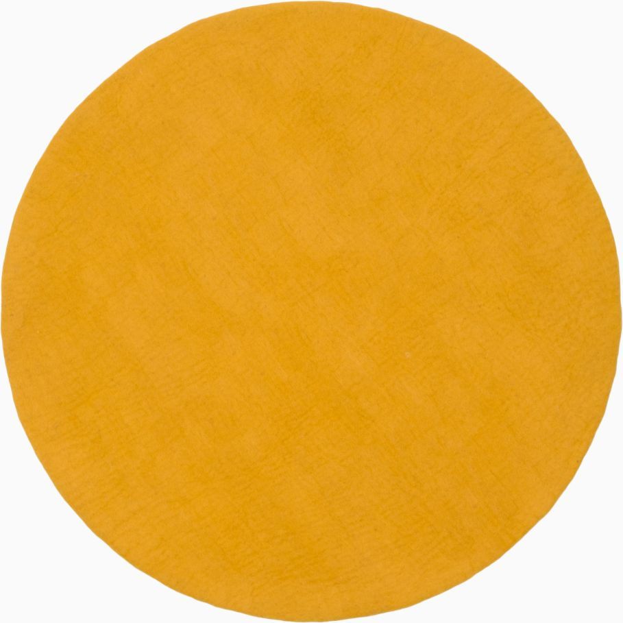 Runder, senfgelber Filzteppich (myfelt Klara) mit 160 cm Durchmesser. Gemütlicher Teppich für Wohnräume.