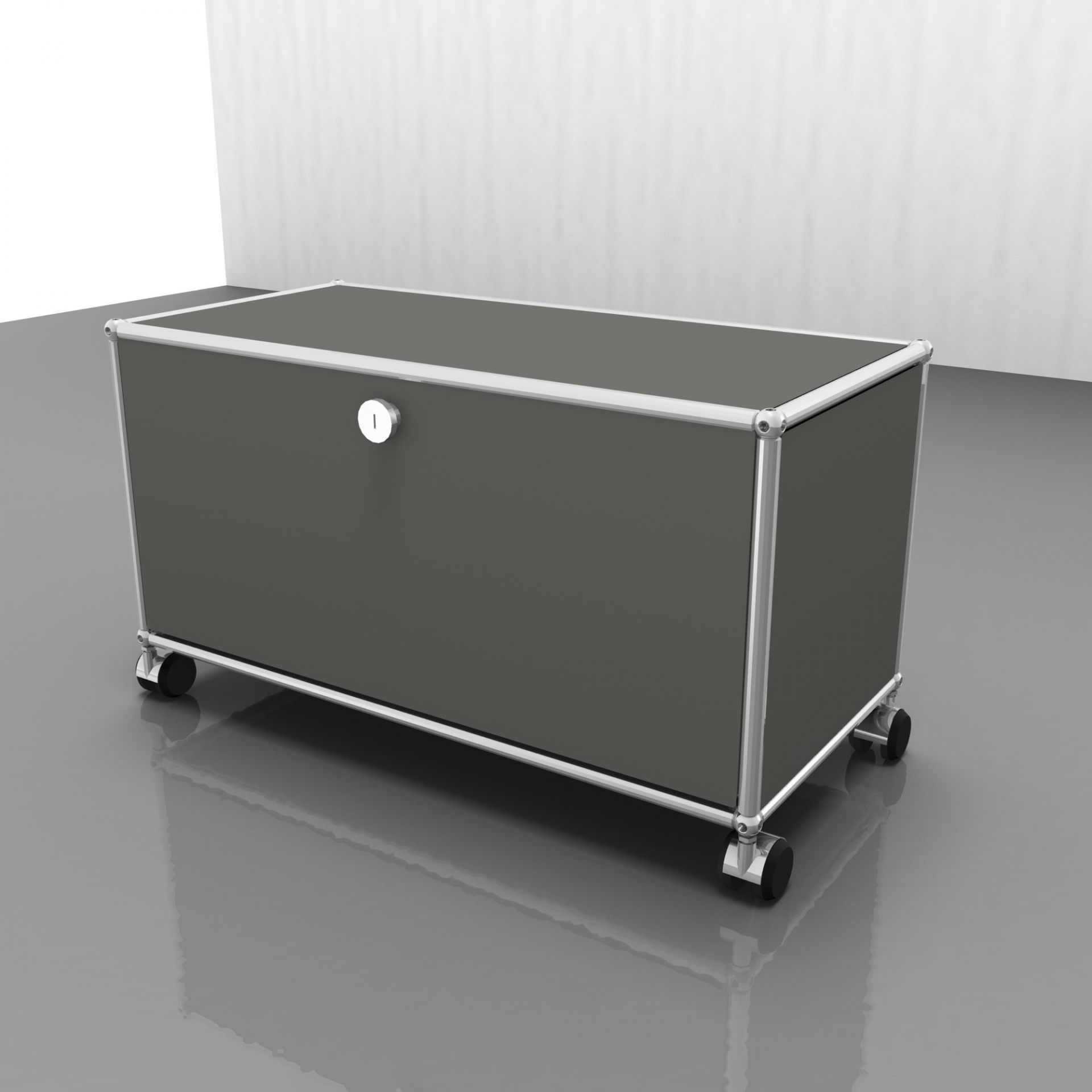 USM Haller Möbel in Mittelgrau: TV- und Hi-Fi-Möbel mit Rollen für modernes Wohnzimmerdesign.