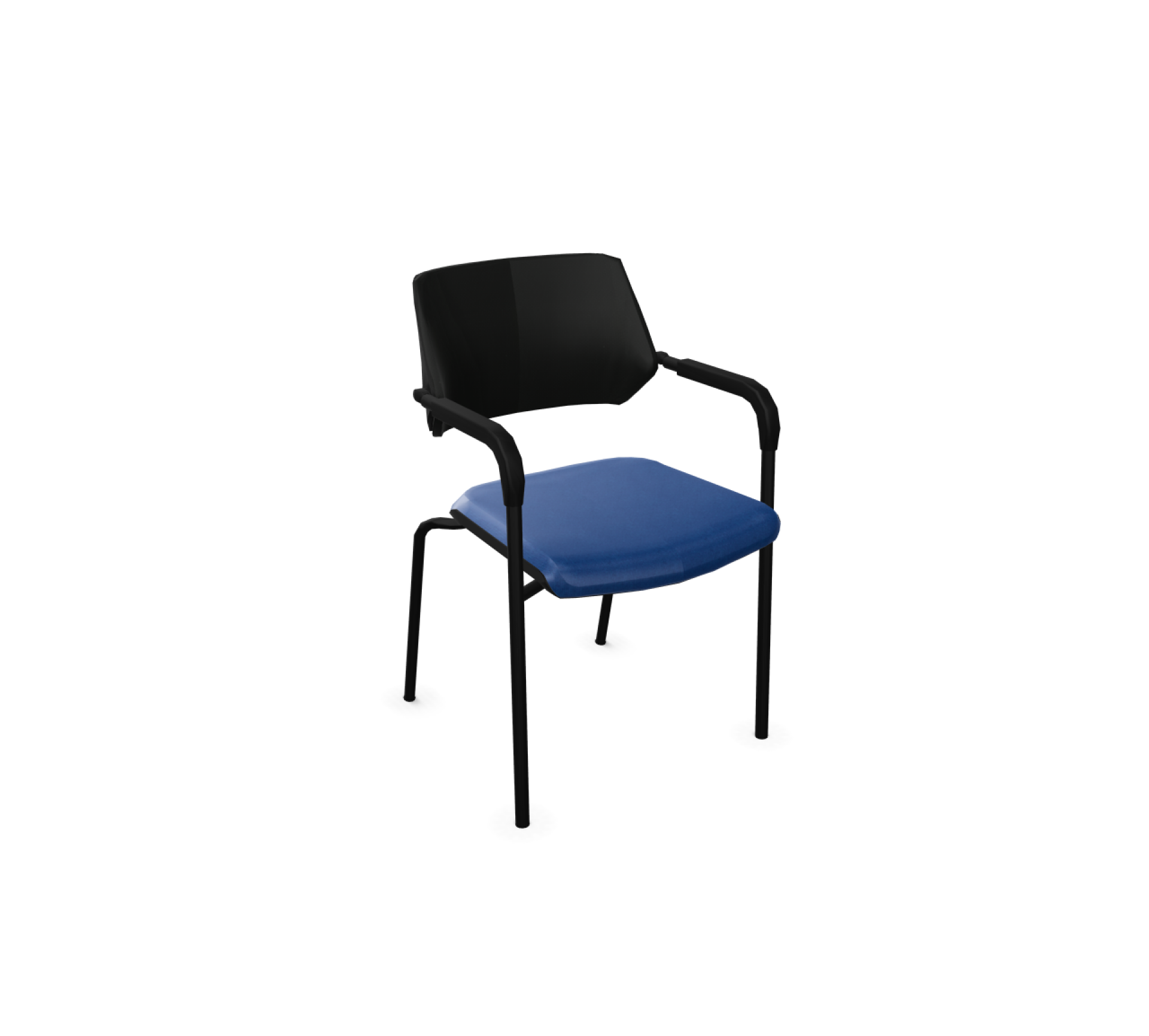 QiVi Stuhl mit 4-Fuß-Gestell von Steelcase, blauer Sitzpolsterung und schwarzer Rückenlehne, nicht stapelbar.