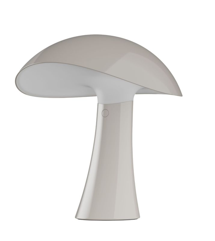 Rumee Akkuleuchte von Louis Poulsen in Beige, pilzförmige Tischleuchte für Innen und Außen.