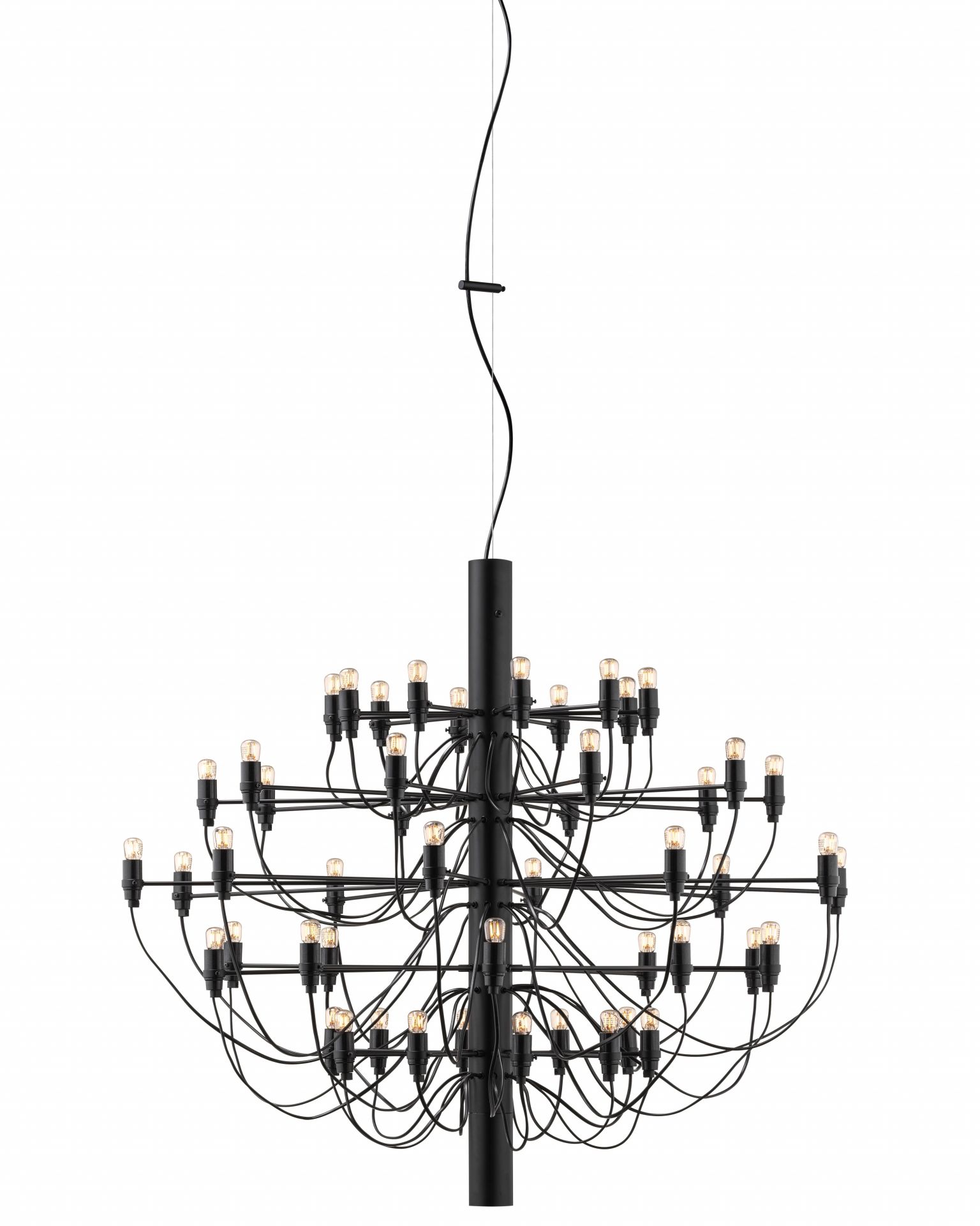 Schwarzer Flos Kronleuchter 2097/50 mit klaren Glühbirnen, moderne Deckenleuchte für stilvolle Innenräume.