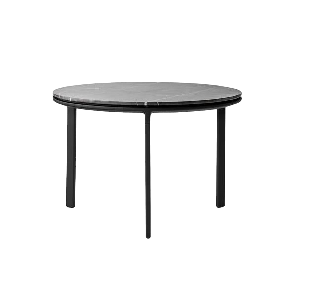 Runder Vipp Couchtisch Ø60 mit grauer Marmorplatte und schwarzem Metallgestell, freigestellt.