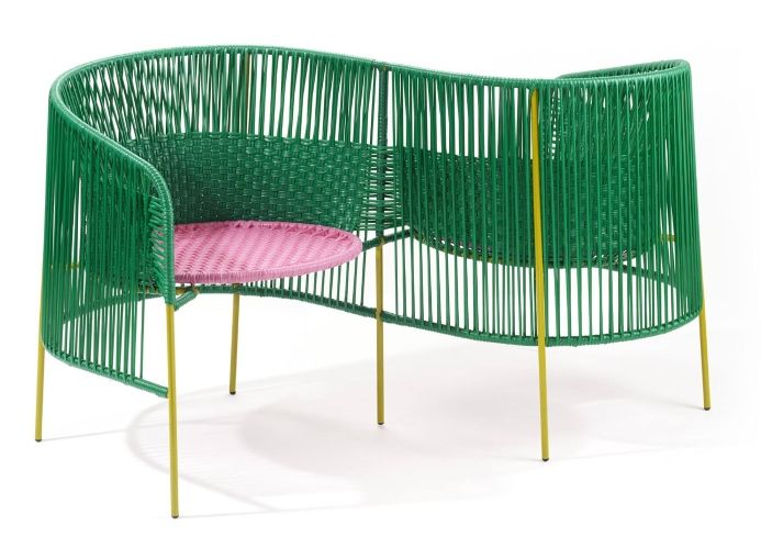 Caribe Vis a Vis Bench Bank Outdoor ames Smaragdgrün / Kaugummirosa / Currygelb